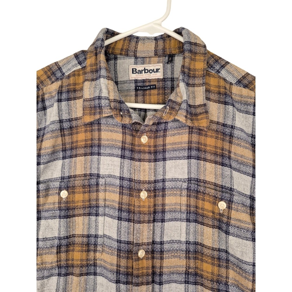 Barbour Mens Tailored Fit Plaid Flannel Shirt Gold Navy‎ Grey Long Sleeve XL